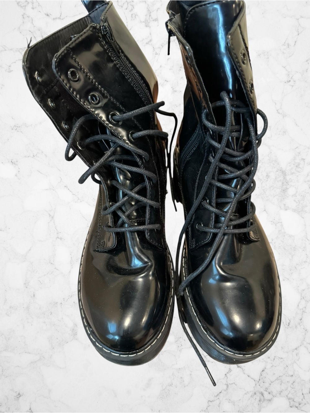UNIONBAY Black Patent Combat Boots Women’s 8.5 Chunky Lug Sole Platform Zip